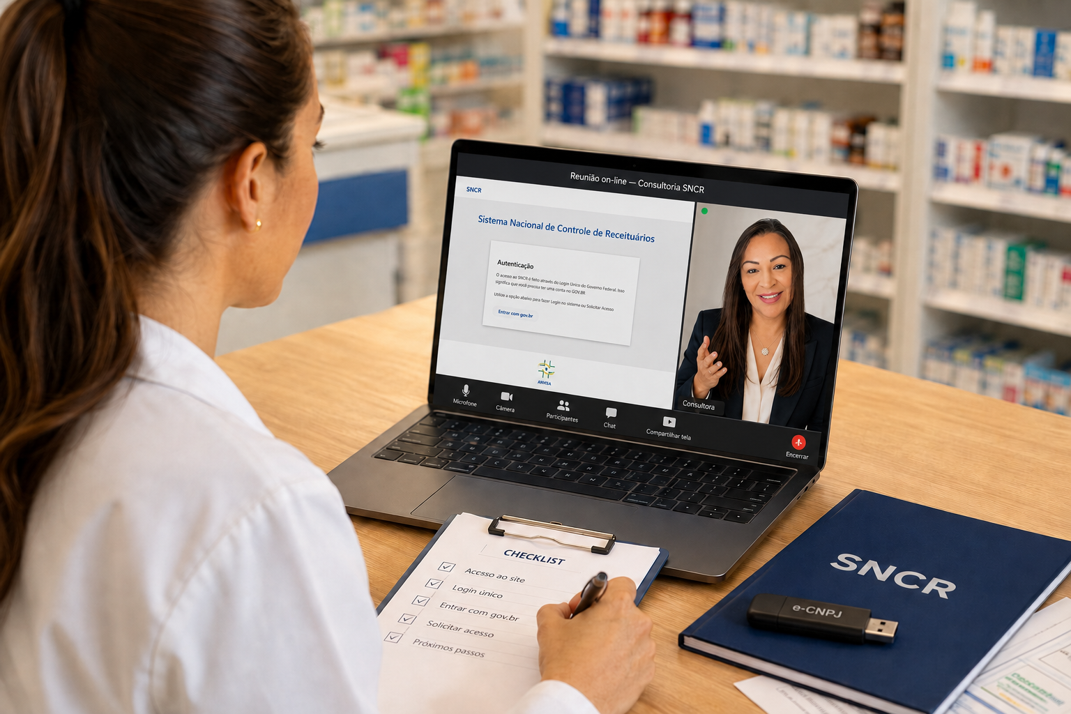 Consultoria on-line para orientação de farmacêutica durante a preparação e o acesso público ao SNCR.