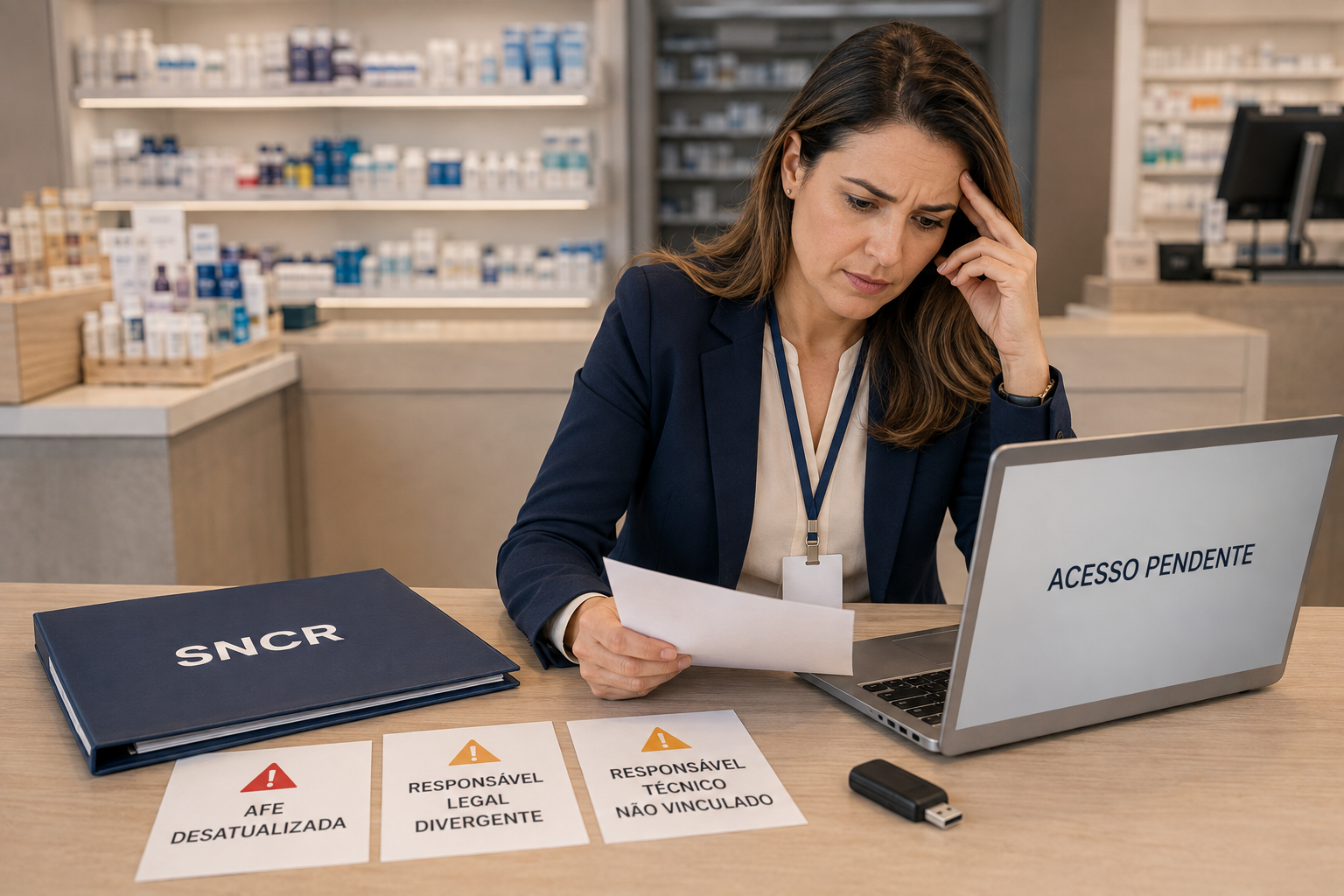 Farmacêutica preocupada com pendências cadastrais que podem dificultar o acesso da drogaria ao SNCR.